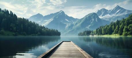 AI generated tranquil mountain lake with a wooden dock, surrounded by the beauty of nature.generative ai. photo