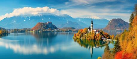 AI generated autumn sunrise on Hintersee lake. Colorful morning view of Bavarian Alps on the Austrian border, Germany, Europe. Beauty of nature concept background. generative ai. photo