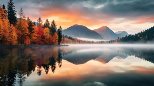 AI generated A lake with rocks and trees in the background. surrounded by vibrant autumn colored sycamore trees. generative ai. photo