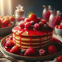 AI generated Creamy strawberry pancake on the table AI Generative photo