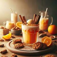 AI generated Delicious orange pudding with cookies on the tablemn f photo