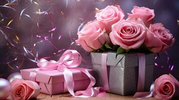 AI generated Luxury gift box with balloon and rose flower AI Generative photo