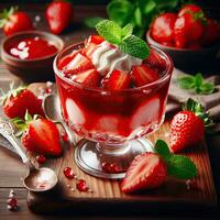 AI generated Creamy strawberry pudding on the table photo