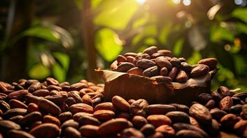 ai generado retrato cacao frijol en el cuenco con ligero exposición ai generativo foto