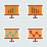 pixel icons of a monitor with graphs and bar charts vector