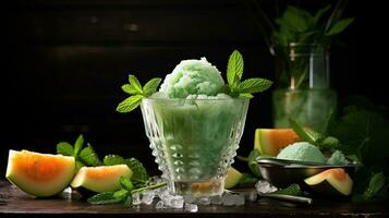 AI generated Fresh melon ice with mint leaf on the table AI Generative photo