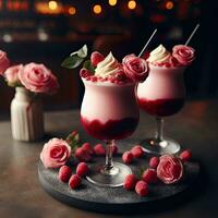 AI generated Smoothie raspberry dessert with rose flower AI Generative photo