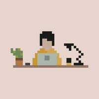 pixel art illustration of a woman working at her desk vector