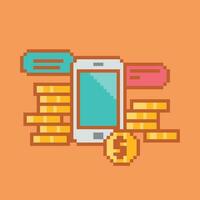 pixel phone with coins and money vector