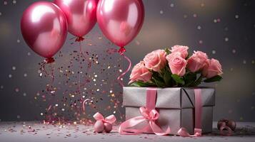 AI generated Luxury gift box with balloon and rose flower AI Generative photo