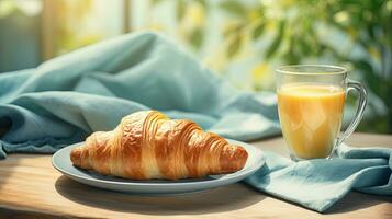 ai generado desayuno cuerno con un vaso Leche ai generativo foto