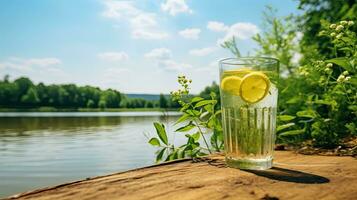 AI generated Fresh lemonade drink on the wooden table AI Generative photo