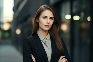 ai generado retrato de exitoso y contento mujer de negocios en oficina sonriente y mirando a cámara con cruzado brazos foto