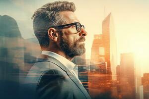 AI generated Double exposure of businessman and city. photo