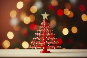 AI generated Red Christmas tree made up with paper clip and wire bokeh blurred background copy space photo