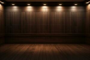 AI generated 3d rendered empty wooden room with lights and copy space photo