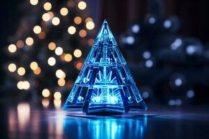 AI generated Abstract Blue shinny Christmas tree with bokeh background technology concept photo