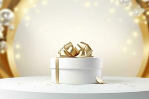 AI generated merry Christmas 3d rendered red Podium display for event photo