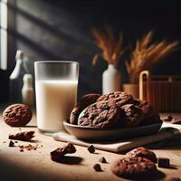 ai generado chocolate galletas con un vaso Leche ai generativo foto