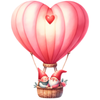 ai generiert Valentinsgrüße Tag Karte mit süß Gnom Paar im Liebe auf heiß Luft Ballon png