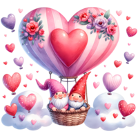 ai generiert Valentinsgrüße Tag Karte mit süß Gnom Paar im Liebe auf heiß Luft Ballon png