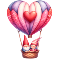 ai gegenereerd valentijnsdag dag kaart met schattig gnoom paar in liefde Aan heet lucht ballon png