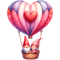 ai genererad valentines dag kort med söt gnome par i kärlek på varm luft ballong png