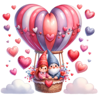 AI generated Valentines day card with cute gnome couple in love on hot air balloon png