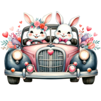 ai generiert ute Hasen im retro Auto mit Herzen und Blumen png