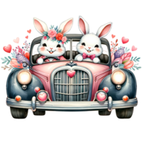 AI generated ute bunnies in retro car with hearts and flowers png