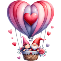 ai genererad valentines dag kort med söt gnome par i kärlek på varm luft ballong png