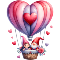 ai gegenereerd valentijnsdag dag kaart met schattig gnoom paar in liefde Aan heet lucht ballon png