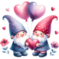 ai généré la Saint-Valentin journée salutation carte avec mignonne gnome en portant en forme de coeur des ballons png