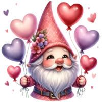 ai généré la Saint-Valentin journée salutation carte avec mignonne gnome en portant en forme de coeur des ballons png