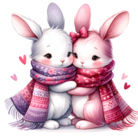 AI generated Valentine's day greeting card with two cute white bunnies holding heart-shaped balloons png