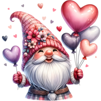 ai généré la Saint-Valentin journée salutation carte avec mignonne gnome en portant en forme de coeur des ballons png