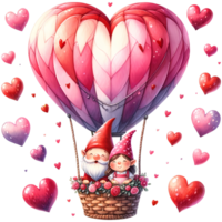 ai generiert Valentinsgrüße Tag Karte mit süß Gnom Paar im Liebe auf heiß Luft Ballon png