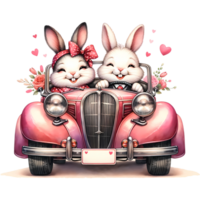AI generated ute bunnies in retro car with hearts and flowers png