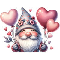 AI generated Valentine's day greeting card with Cute Gnome Holding Heart-Shaped Balloons png