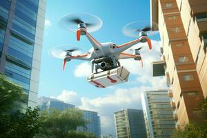 AI generated Drone with a package flying over the city. 3d rendering, A drone delivering a package to an office building, AI Generated photo