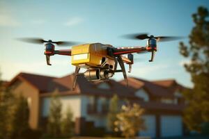 AI generated Drone with action camera flying over the house. 3d rendering, A drone delivering a package in a suburban neighborhood, AI Generated photo