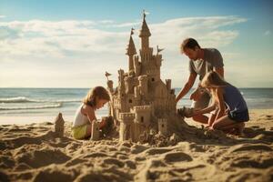 AI generated Father and daughter playing with sand castle on the beach during summer vacation, A family building a sandcastle on a summer beach photo