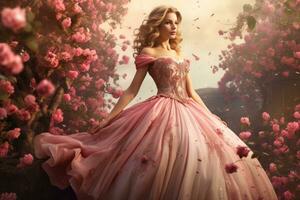 ai generado hermosa joven mujer en un rosado vestir en el primavera jardín, un cuento de hadas princesa en un cierne jardín, ai generado foto