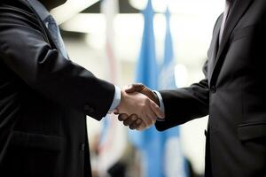 AI generated Businessmen making handshake with partner, greeting, dealing, merger and acquisition, business joint venture concept, for business photo