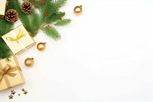 ai generado Navidad composición de abeto árbol ramas con regalos en blanco mármol antecedentes foto