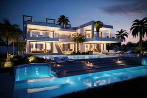 AI generated Luxury house with swimming pool at night. Luxury house with swimming pool at night, Interior Inviting Retreat, a contemporary residence luxury villa with a large swimming pool photo