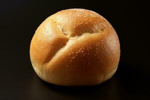 AI generated Bread on black background, close-up of a bun, A doughy and soft texture of a freshly baked bun photo