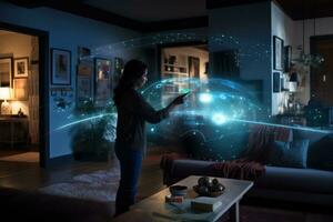 AI generated Young woman in pajamas sitting on the couch in the living room and touching the screen of the tablet with a blue hologram, Internet connection throughout the home with hologram photo