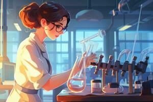 AI generated scientist woman working in laboratory with microscope and test tubes. 3d rendering, In the biotechnological laboratory, a female research scientist analyzes a test tube in a medical photo