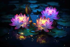 ai generado hermosa loto en el estanque a noche con reflexión en agua, brillante loto flores, ai generado foto